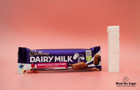 One bar of Cadbury Dairy Milk Marvellous Creations Jelly Candy Bar contains 27.3g of sugar, equivalent to 6.8 sugar cubes A photo of Cadbury Dairy Milk Marvellous Creations Jelly Candy Bar with 6.8 cubes of sugar.