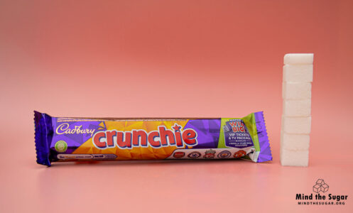One bar of Cadbury Crunchie contains 26g of sugar, equivalent to 6.5 sugar cubes A photo of Cadbury Crunchie bar with 6.5 cubes of sugar.