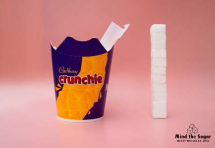 One cup of McFlurry Crunchie contains 45g of sugar, equivalent to 11.3 sugar cubes A photo of a McFlurry Crunchie  with 11.3 cubes of sugar.