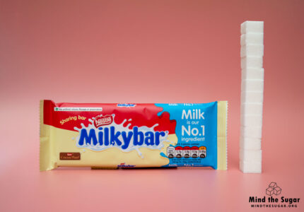 One bar of Milkybar White Chocolate Bar contains 52.6g of sugar, equivalent to 13.2 sugar cubes A photo of Milkybar White Chocolate Bar with 13.2 cubes of sugar.