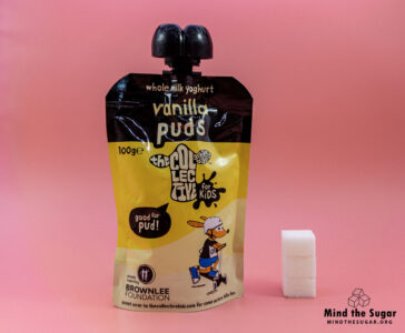 One pouch of The Collective Dairy Kids Vanilla Puddings Yogurt contains 12g of sugar, equivalent to 3 sugar cubes A photo of The Collective Dairy Kids Vanilla Puddings Yogurt with 3 cubes of sugar.
