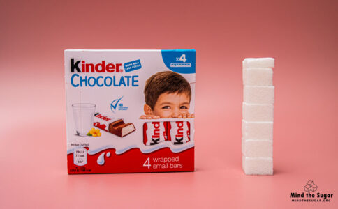 Four bars of Kinder chocolate mini treats contain 26.7g of sugar, equivalent to 6.7 sugar cubes A photo of Kinder chocolate mini treats with 6.7 cubes of sugar.