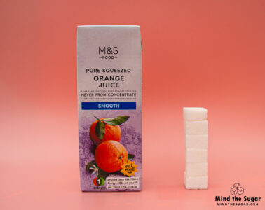 Each 250 ml carton of M&S Pure Squeezed Smooth Orange Juice contains 23g of sugar, equivalent to 5.8 sugar cubes A photo of a 250 ml carton of M&S Pure Squeezed Smooth Orange Juice with 5.8 cubes of sugar.